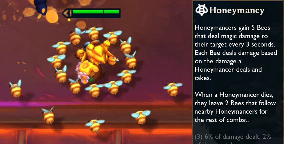 The new effect of the Honey Bee trait is: Honey Bee champions always receive 5 bees that will deal damage to the target every 3 seconds. The damage of each bee will depend on the damage dealt and received by the Honey Bee champion. When a Honey Bee champion is defeated, 2 bees will transfer to the nearest Honey Bee unit until the end of the battle.