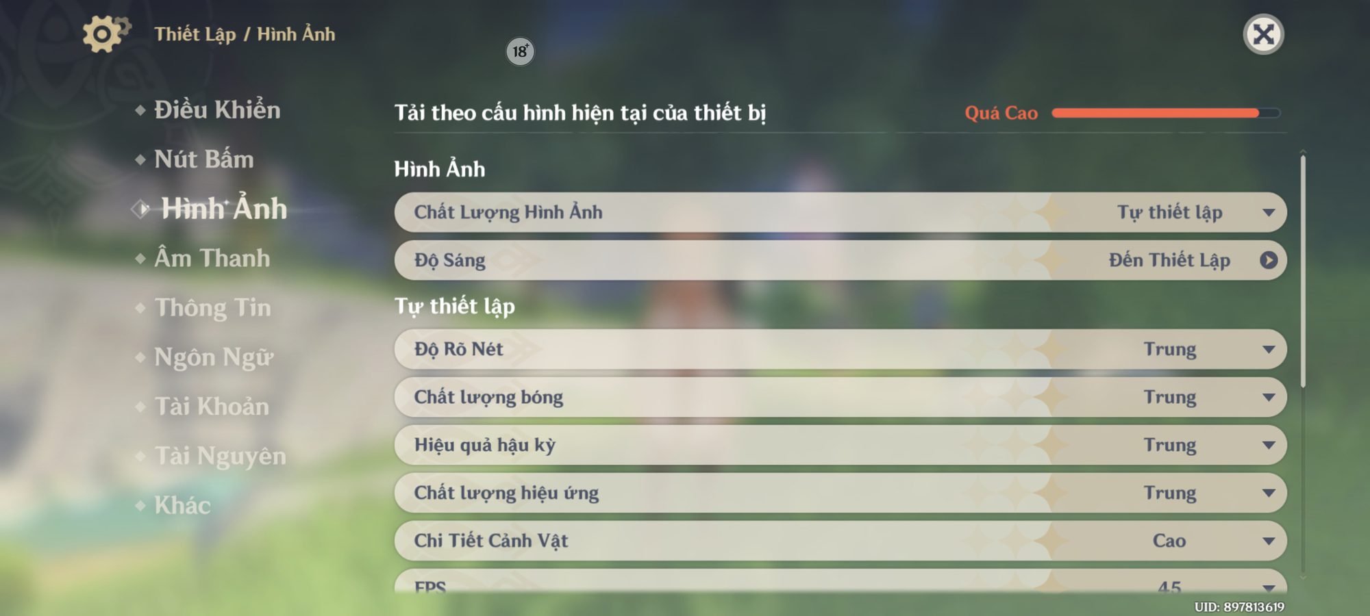 Custom graphics settings for Genshin Impact, set to 45 FPS