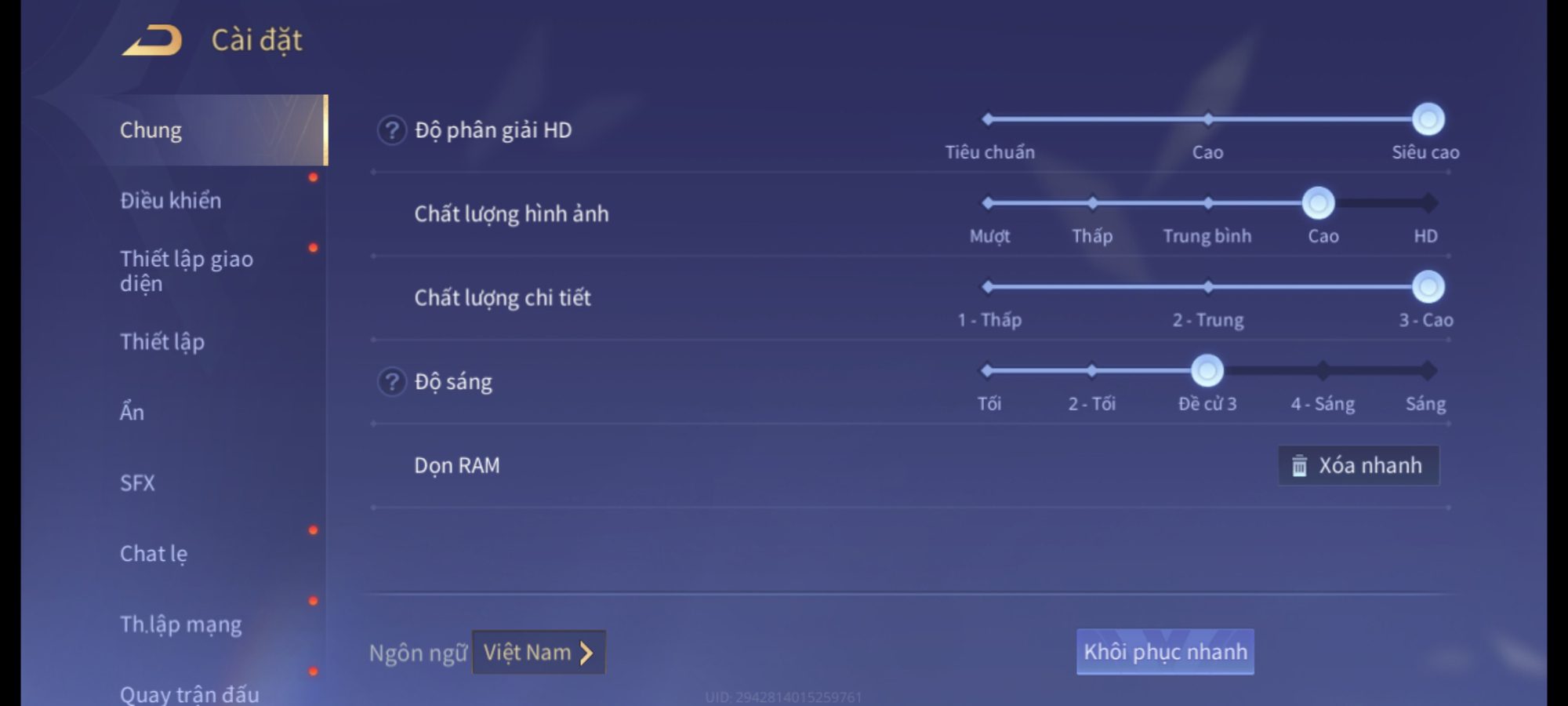 Liên Quân Mobile graphics settings on POCO X6 Pro