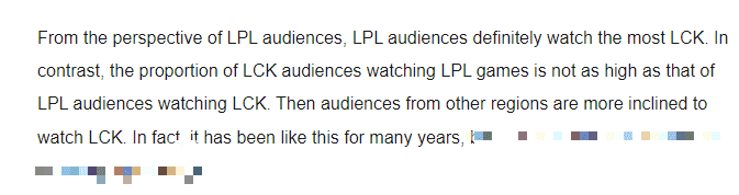 Sohu's comment on the disappointing statistics: 'The reality shows that even fans in LPL are interested and follow the LCK tournament. Viewers from other regions are also keen on watching matches in LCK. Meanwhile, LPL lacks the appeal to attract international viewers due to its very low entertainment value'