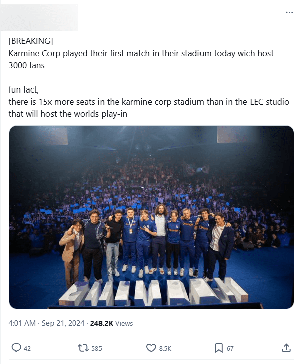 Information from a fan indicates KC is preparing for their first match at their own venue, which has a capacity of 3,000 - 15 times larger than the venue for the Play-In stage of Worlds 2024