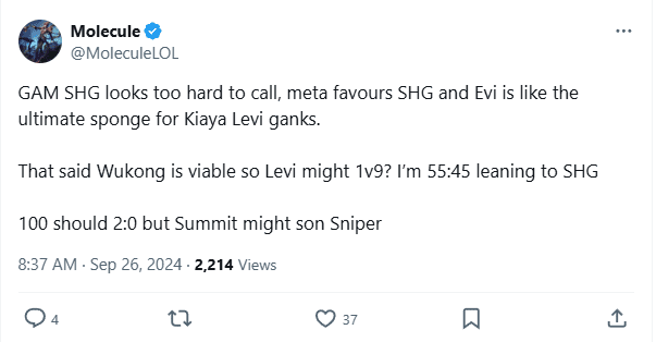 Analyst Molecule - former analyst of GAM: "GAM - SHG is a difficult match to predict, this meta suits SHG and Evi will have an advantage even when facing Kiaya - Levi. Perhaps Wukong will be a good choice for Levi to 1v9? I estimate the match will be 55 - 45 with 55% in favor of SHG. I predict 100T will win, but Summit will outperform Sniper"