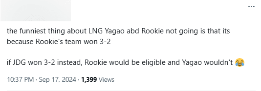 The interesting thing about LNG is that Yagao and Rookie weren't chosen because Rookie defeated JDG 3-2 (in playoffs). If JDG had won 3-2, Rookie would be eligible while Yagao would not.