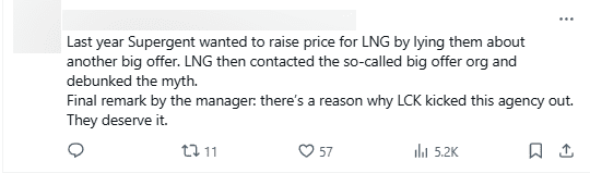 Last year, Supergent tried to inflate Scout's value by deceiving LNG that a major organization wanted to make a bigger offer. LNG later contacted this 'major organization' and Supergent's plot fell apart. EDG's management also stated: This is why this representative was kicked from LCK.