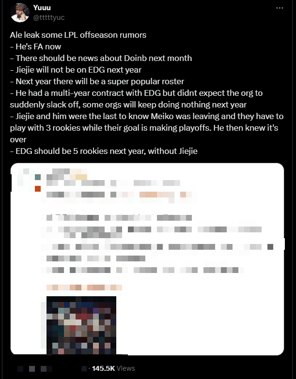 In addition to sharing that he and Jiejie have left EDG, Ale also revealed that a 'Super Team' with star players will appear in the next LPL season