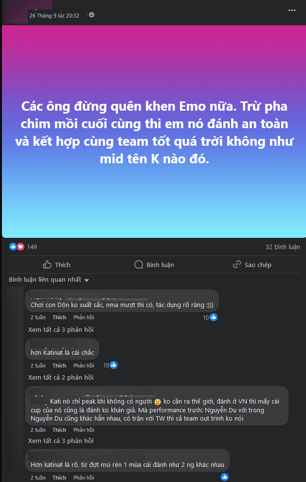 On September 26, when GAM defeated SHG, comparisons between Emo and Kati flared up, trending toward criticizing the former GAM star compared to the current rising star
