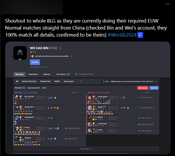 Before moving to Europe for Worlds 2024, BLG requested Riot to update all statistics from normal matches of their players' accounts on the Chinese server to avoid falling into low-quality lobbies