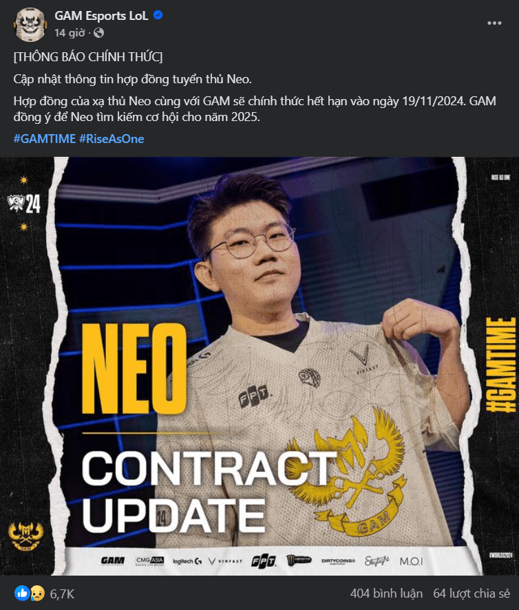 GAM parted ways with AD Carry 'Neo' Toàn Trần on the evening of October 23
