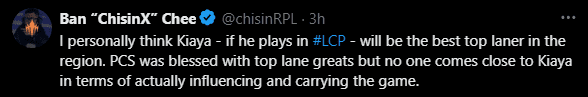 Personally, I think if Kiaya plays in the upcoming LCP, he will be the best Top Laner in the region. PCS also has some good Top Laners, but none of them have reached Kiaya's level in terms of impact on the game and 'carrying the team'.