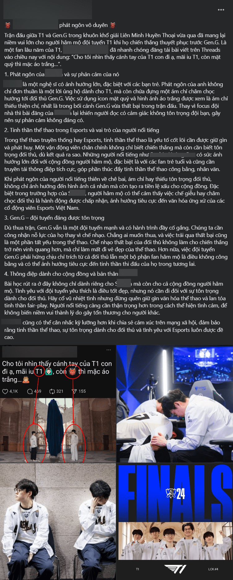 A post from a possibly overly zealous Gen.G fan or T1 anti-fan aimed at attacking male artist S.