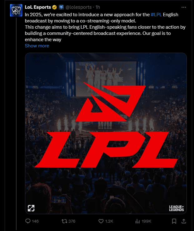 Riot recently announced that the LPL broadcast for the 2025 season will switch to a co-streaming only mode without an official commentary channel
