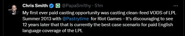 Chairman of FlyQuest - PapaSmithy shared: 'The first time I was paid to comment was at LPL Summer 2023 working for Riot Games. It's really disheartening that 12 years later, this is what we get for broadcasting LPL'