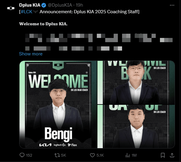 The announcement article about coaches Bengi, Poohmandu, and Hachani joining DK has reached 1 million views on platform X