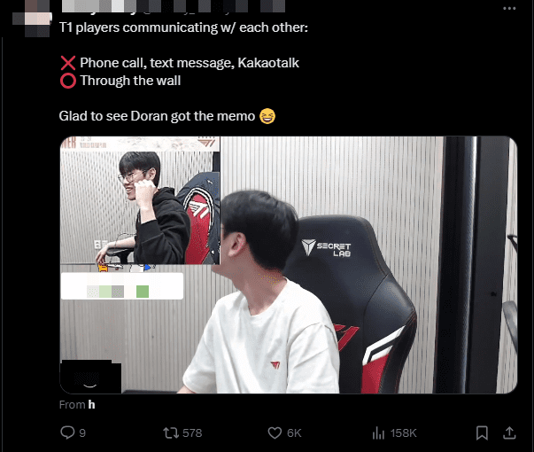 Doran quickly integrates with T1 by learning the interesting 'talking through walls' habit of the team