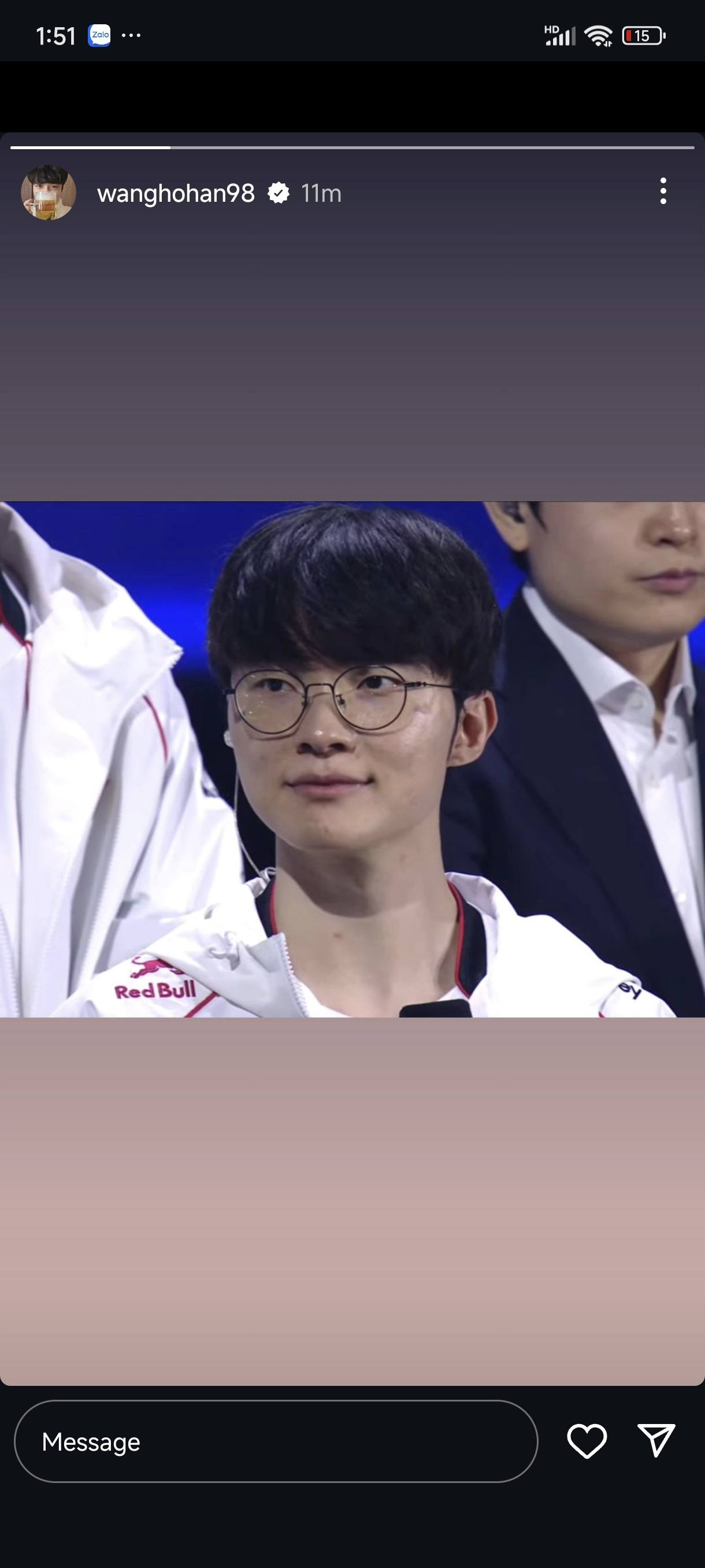 He posted a picture of Faker on his story right after T1's victory