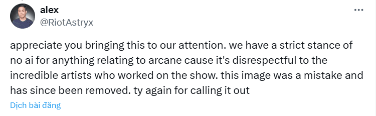 Alex Shahmiri - Riot representative acknowledging the presence of AI in the Arcane 2 series.