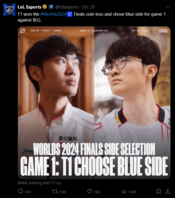 T1 wins the coin toss for game 1 of the 2024 Worlds finals