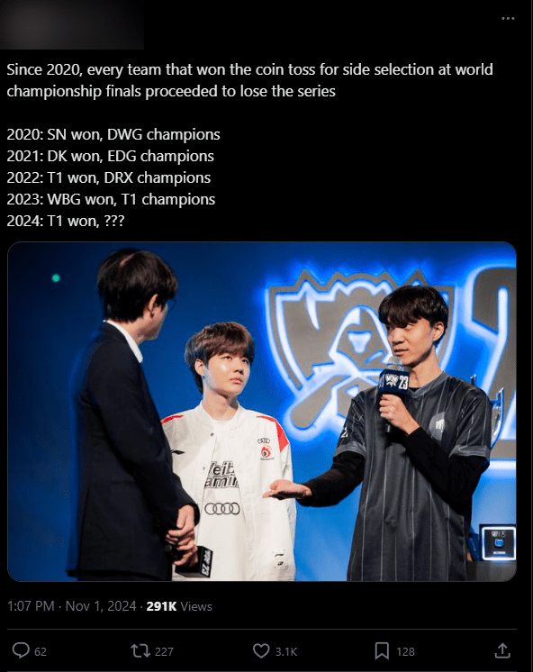 From Worlds 2020 to before the 2024 finals, the team that wins the coin toss loses the match