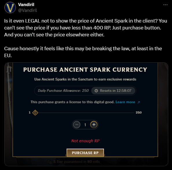 'Not disclosing the price of the Thunder Gem violates the law in Europe. You can't see the price of this item if you don't have enough 400 RP in your account' - YouTuber Vandiril openly shared