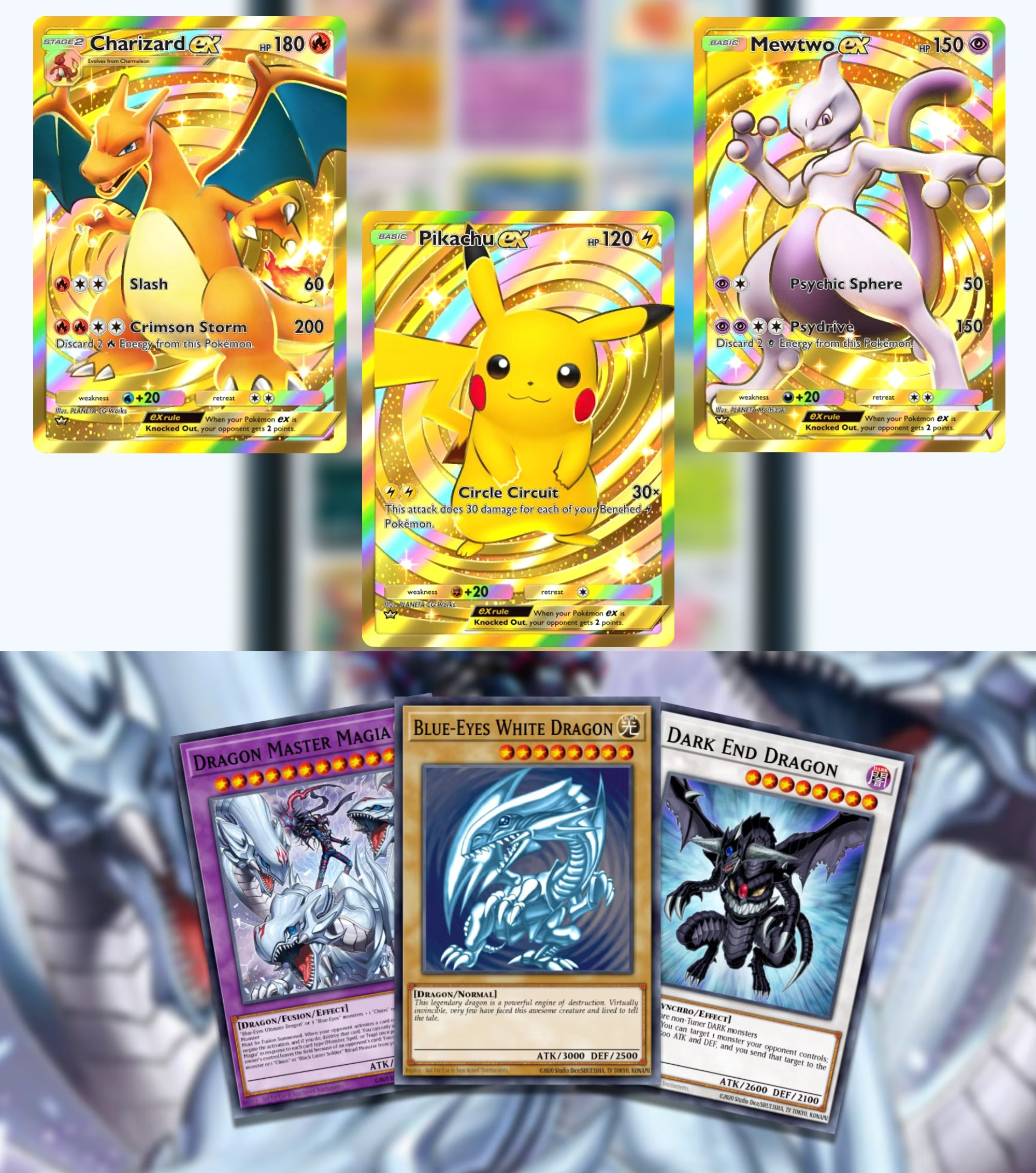 Yu-Gi-Oh! and Pokémon cards are designed to be visually appealing with vibrant colors