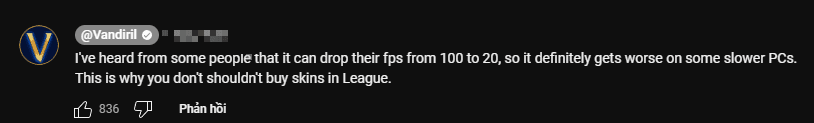 YouTuber Vandiril shares: "Some people have even told me that this bug causes FPS to drop from 100 to 20, making it even worse on weaker PCs. This is why people shouldn't buy skins in League of Legends"