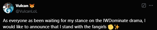 Vulcan changed to a fox image and declared to stand with the fangirl