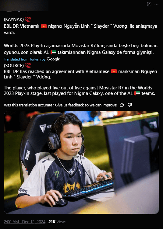 BBL DP has reached an agreement with Vietnamese AD Carry - Nguyen 'Slayder' Linh Vuong - who played all 5 matches against Movistar R7 in the 2023 World Championship Play-in stage, previously played for Nigma Galaxy, one of the teams participating in the Arabian League.