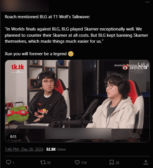 Coach Roach revealed he also does not understand why BLG kept banning Skarner - a champion T1 rated as particularly outstanding compared to others, which helped T1 secure an easier match than expected
