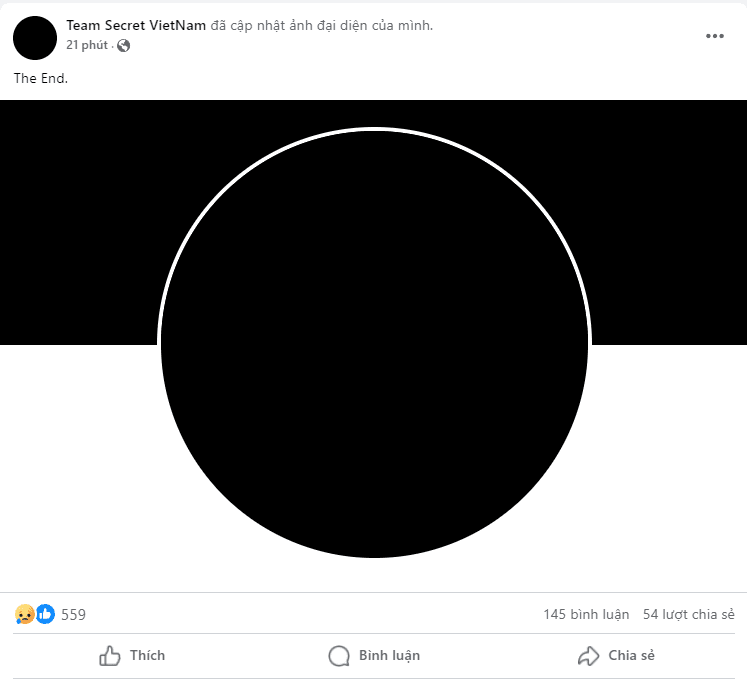 Team Secret updates their profile picture to black with the caption 'The End'
