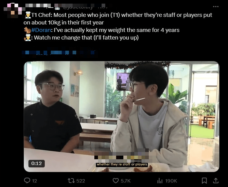 T1's chef once promised to help Doran gain 10kg, and he seems very serious about it