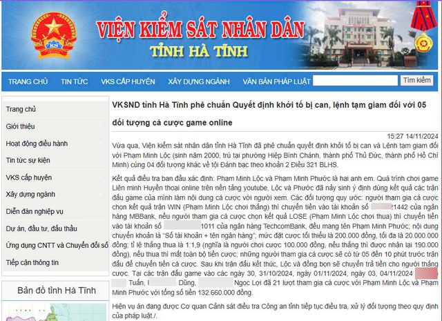 The announcement from the Ha Tinh Provincial Prosecutor's Office regarding Phạm 'Zeros' Minh Lộc.