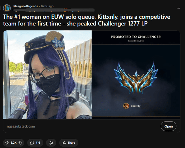 The female gamer reaches Challenger rank in the European server, causing a stir in the League of Legends community.