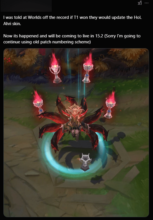 The fifth trophy will be updated into Faker's HoL Ahri skin.