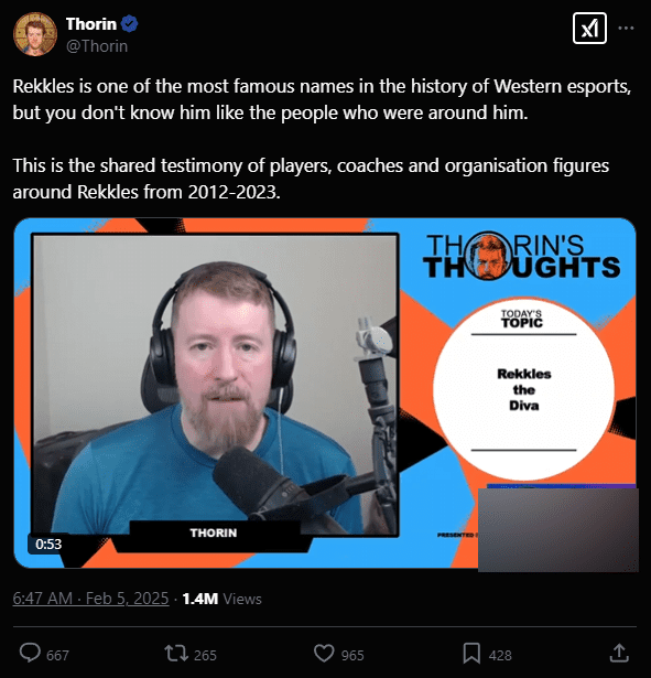 Thorin criticizes Rekkles on his stream channel.