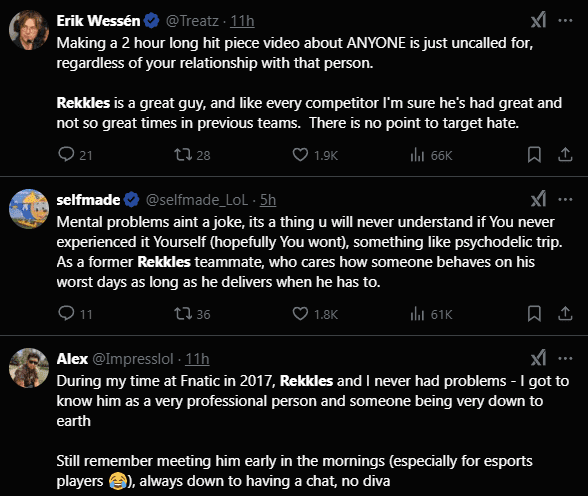 Many players and KOLs who have interacted or competed with Rekkles also spoke out to support him.