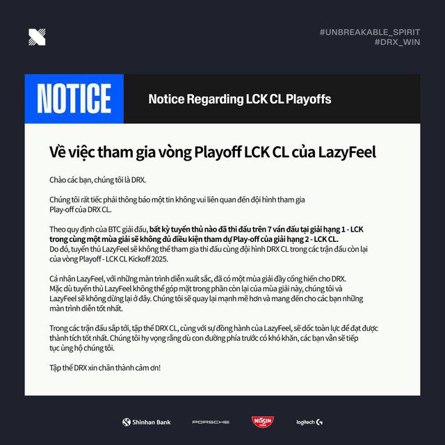DRX announces LazyFeel will not participate in any further matches with DRX CL in the current tournament of this team.