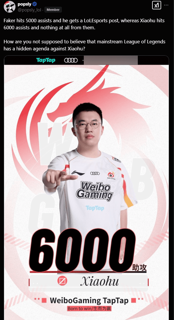 'When Faker reached 5000 assists, Riot posted about it, while when Xiaohu reached 6000 assists, they said nothing. How can we not think that Riot has an agenda against Xiaohu?'