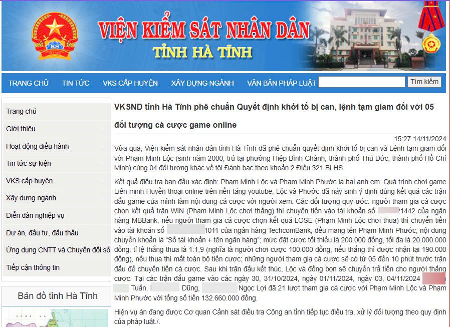 Notice from the Ha Tinh Provincial People's Procuracy regarding Pham 'Zeros' Minh Loc's case