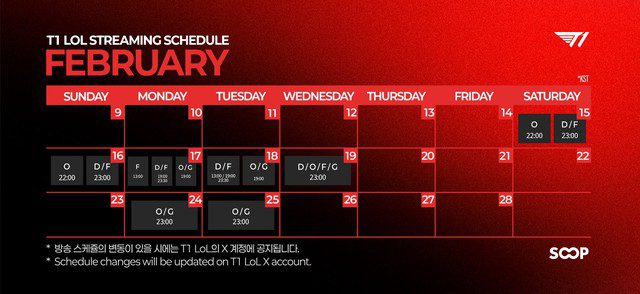 The streaming schedule for February of the players, with D (Doran) having to stream for 5 consecutive days despite just joining T1.