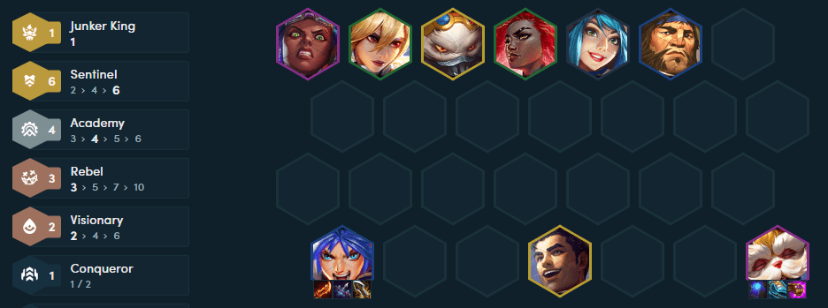 The complete composition at the end of the game with the addition of Jayce, Rumble...