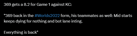 '369 is back to his peak form from the 2022 World Championship, while his teammates are the same with the mid lane continuously getting killed and the bot lane being too 'underperforming'
