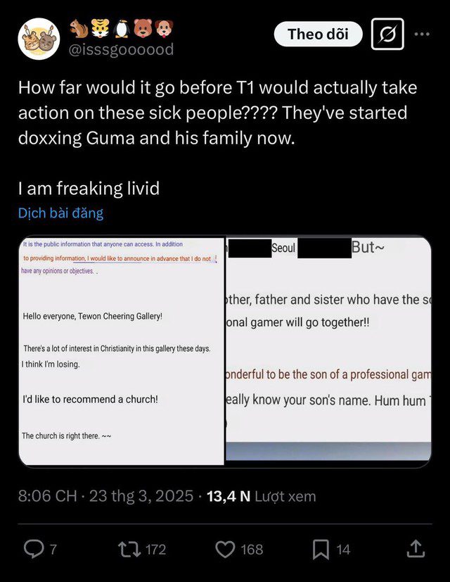 The most dangerous anti-fan group in League of Legends leaked Gumayusi's family information on social media.