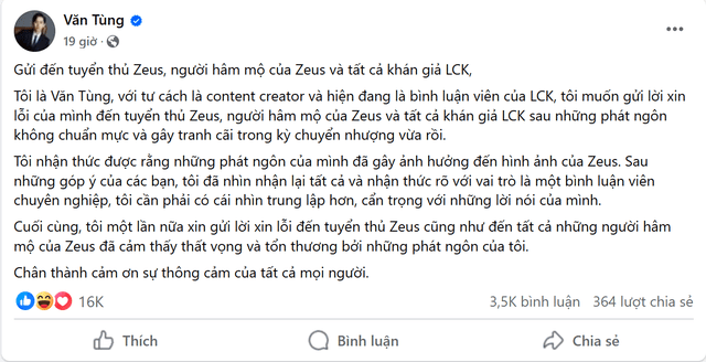 Văn Tùng's apology post.