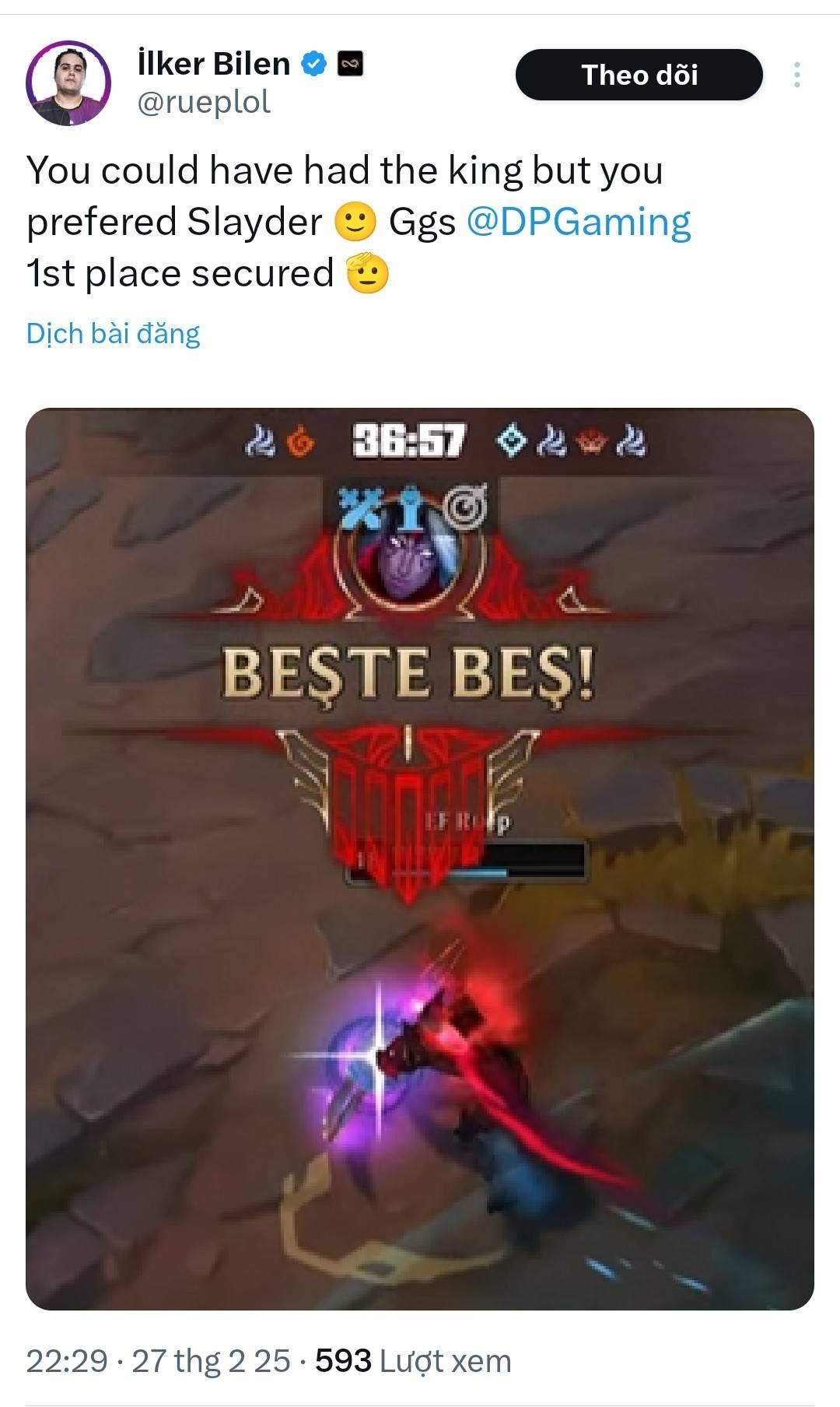 In February, Slayder and his team were mocked by a 'former' player