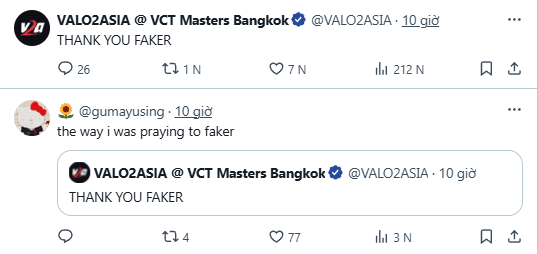 Fans and the official VALORANT Asia page also thank Faker.