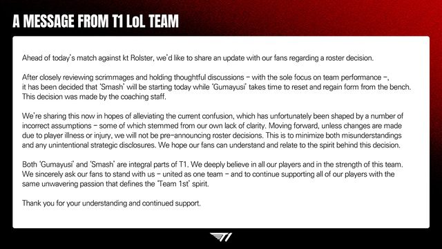 T1 announces Smash replacing Gumayusi but does not specify when this player will return.