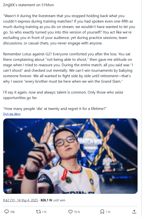 S1Mon's teammates do not hesitate to heavily criticize him, affirming that S1Mon is 'lazy in practice, has a bad attitude towards the team, and poor communication.'