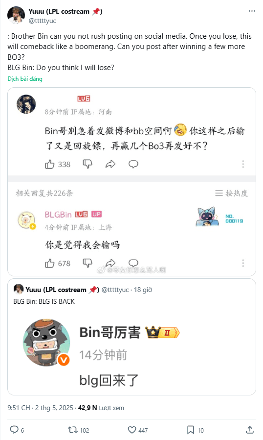 Bin declares 'BLG has made a comeback' on his personal Weibo, ready to respond to fan feedback