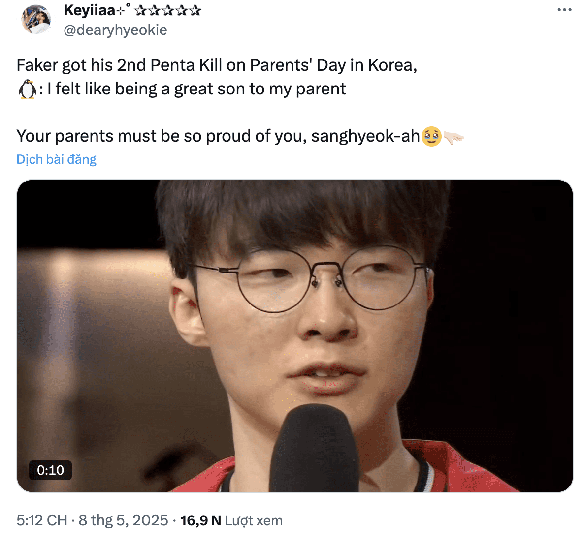 "Achieving a pentakill on Parents' Day in Korea, Faker said: I think I will be a wonderful son to my parents"