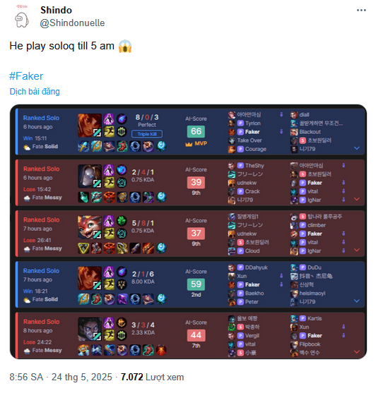 Faker plays ranked through the night until morning